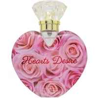Heart-shaped bottle of Hearts Desire Pink Rose Eau De Parfum, adorned with pink roses and a crystal-like cap.