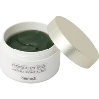 White jar of heimish Matcha Biome Hydrogel Eye Patches with green patches and a silver lid.