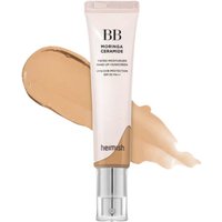 Heimish Moringa Ceramide BB Cream SPF30 in a beige tube with a silver cap, swatch of medium shade behind.