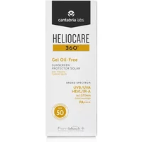 White Heliocare 360 Oil Free Gel SPF 50 box with orange accents and Cantabria Labs logo.