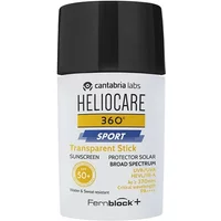 Heliocare 360º Sportsun Clear Stick SPF 50+, black cap, white container, yellow and blue label accents.
