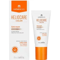 Heliocare Colour Gelcream SPF 50 Brown, white tube with orange cap, next to matching box.
