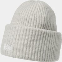 Black Helly Hansen ribbed beanie with folded cuff and white logo embroidery on the side.