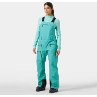 Green Helly Hansen women's bib pants with adjustable straps, front zipper pocket, and reinforced knees, size M.