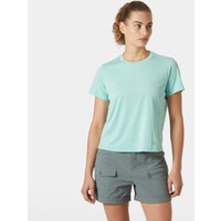 Green Helly Hansen women's Sval T-shirt, short sleeves, crew neck, lightweight fabric, size S.