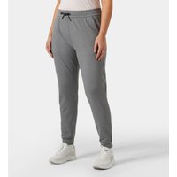 Grey Helly Hansen women's joggers with elastic waistband, drawstring, and tapered legs, size L.