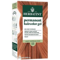 Herbatint Permanent Hair Colour Gel box, 8R Light Copper Blonde, featuring vibrant copper hair swatch and green branding.