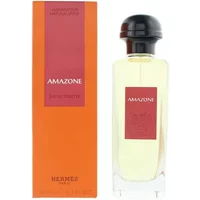 Hermès Amazone Eau De Toilette 100ml in clear bottle with black cap, next to orange box with red label.