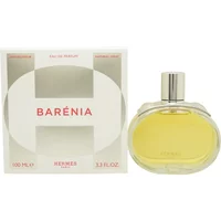 Clear glass bottle of Hermès Barenia Eau De Parfum 100ml with silver cap, next to white box with red text.