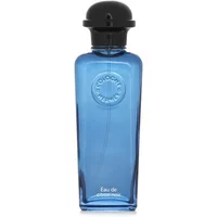 Blue Hermès Eau De Citron Noir cologne bottle with black cap and embossed logo, 100ml.