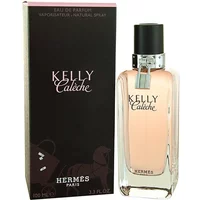 Hermès Kelly Caleche Eau De Parfum 100ml bottle with pink liquid, black cap, and matching black box with pink text.