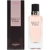 Hermès Kelly Caleche Eau De Toilette 100ml, clear glass bottle with pink liquid and black cap, next to dark box.