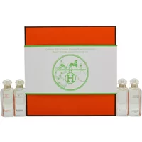 Hermès Mini Fragrances Gift Set with four clear bottles and an orange box with green and white detailing.