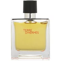 Clear glass bottle of Hermès Pure Parfum 75ml with black cap and amber liquid inside, labeled "Terre d'Hermès".