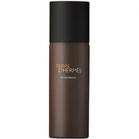 Brown Hermès Terre D'Hermes deodorant spray bottle with black cap and orange logo, 150ml size.