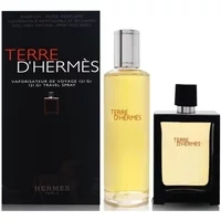 Hermès Terre d'Hermes Eau De Parfum set with 30ml spray bottle and 125ml refill, both in sleek glass containers.