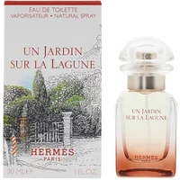 Hermès Un Jardin Sur La Lagune Eau De Toilette 30ml, clear bottle with gradient amber base, next to illustrated box.