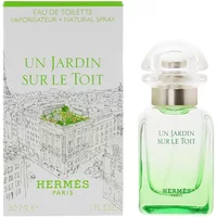 Hermès Un Jardin Sur Le Toit Eau De Toilette 30ml, clear glass bottle with green base, silver cap, box with rooftop garden design.