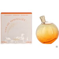 Hermes Elixir Des Merveilles perfume, round orange gradient bottle with silver cap, beside matching box.