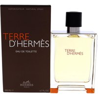 Clear glass bottle with black cap, orange text "Terre D'Hermes" on brown box, 200ml Eau De Toilette spray.