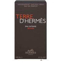 Brown box of Hermes Terre D'Hermes Eau Intense Vetiver Eau de Parfum Spray, 100ml, with orange and white text.
