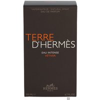 Dark brown box of Hermes Terre D'Hermes Eau Intense Vetiver Eau de Parfum Spray, 200ml, with orange and white text.