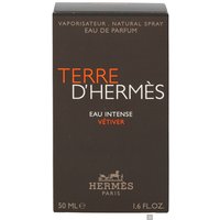 Brown box of Hermes Terre D'Hermes Eau Intense Vetiver Eau de Parfum Spray, 50ml with orange and white text.