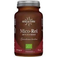Brown bottle of Hifas da Terra Mico-Rei capsules with silver cap and green eco label, 70 capsules.