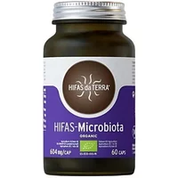 Hifas da Terra Microbiota Capsules in a dark amber bottle with a purple and white label, 60 capsules.