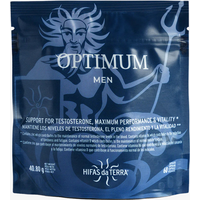 Blue Hifas da Terra Optimum Men supplement pouch with white text and illustration of a muscular figure holding a trident.