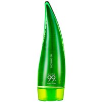 Green aloe leaf-shaped bottle of Holika Holika Aloe 99% Soothing Gel, 250 ml, with white text.