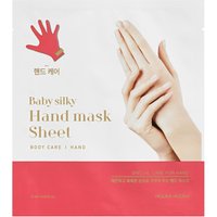 Holika Holika Baby Silky Hand Mask packaging with red glove icon and hands illustration on white and red background.