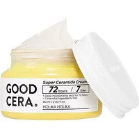 Yellow jar of Holika Holika Good Cera Super Ceramide Cream with white lid, showing creamy texture inside.