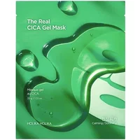 Green Holika Holika The Real Cica Gel Mask packaging with abstract gel design and white text.