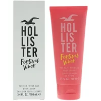 Pink Hollister Festival Vibes body lotion tube, 100ml, with white logo and yellow text, next to matching box.