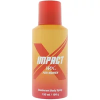Orange and red HRX Impact For Women deodorant spray, 150ml, with bold "X" and "Impact" text on the bottle.