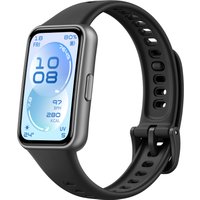 Huawei AMOLED wristband tracker with black strap, rectangular display showing time and health metrics.