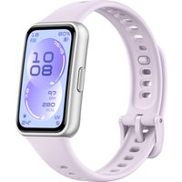 Huawei Band 11 AMOLED wristband with 1.62" display, silver frame, and lavender adjustable strap.