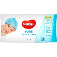 Huggies Baby Wipes Pure Extra Care 56 pcs, white pack with baby image, red logo, and blue text.