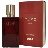 Hugo Boss Alive Absolu Parfum Intense 30ml, deep red bottle with gold cap, matching red box with gold lettering.
