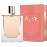 Hugo Boss Alive Eau De Parfum 80ml, clear rectangular bottle with gold cap, pink box with gold accents.