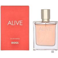 Hugo Boss Alive Eau de Parfum 50ml, clear rectangular bottle with gold cap, red box with white text.