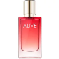 Red gradient Hugo Boss Alive Intense Eau De Parfum 30ml bottle with gold cap and "ALIVE" text on front.