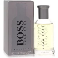 Hugo Boss Bottled Aftershave 50ml, clear glass bottle with silver cap, next to gray box with bold black lettering.