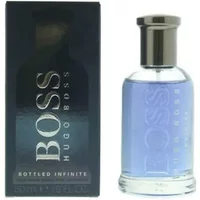 Hugo Boss Bottled Infinite Eau De Parfum 50ml, clear glass bottle with silver cap, blue liquid, black box packaging.