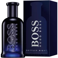 Dark blue Hugo Boss Bottled Night Eau De Toilette 100ml bottle with bold silver logo and matching box.