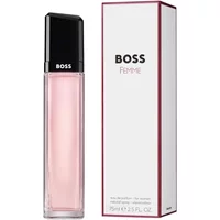 Hugo Boss Boss Femme Eau De Parfum 75ml, pink glass bottle with black cap, next to white box with pink accents.