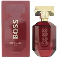Hugo Boss The Scent Elixir Eau De Parfum 50ml, dark red bottle with gold cap, matching red box with gold lettering.