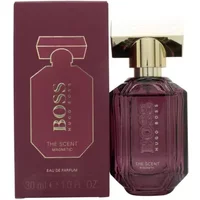 Hugo Boss The Scent Magnetic For Her 30ml, purple bottle with gold cap, next to matching purple box.