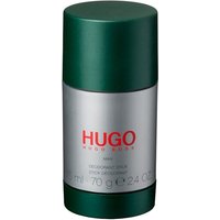 Green and silver Hugo Boss Hugo Man deodorant stick, 75ML, with red logo and black text on the front.
